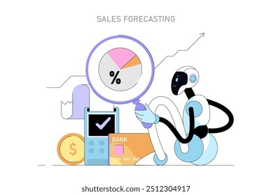 conceito de Previsão de Vendas de Inteligência Artificial. A AI analisa os dados financeiros com lupa, mostrando o crescimento. Financiamento moderno e integração tecnológica. Ilustração vetorial.