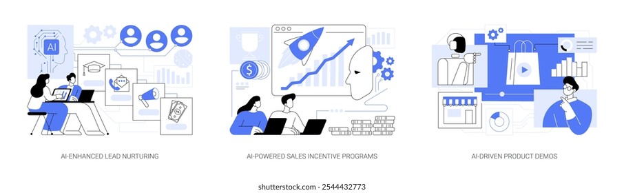 Inteligencia artificial para Equipos de ventas conjunto de Ilustración vectorial de concepto abstracto. AI-Enhanced Lead Nurturing, AI-Powered Sales Incentive Programs, AI-Driven Producto Demos metáfora abstracta.