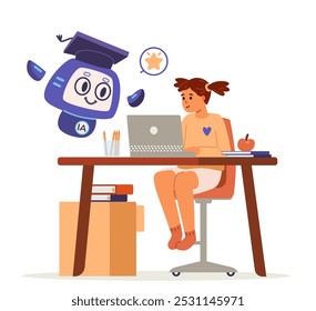 Artificial intelligence in school education concept flat vector illustration isolated on white. Girl interacting with Ai robot while studing.