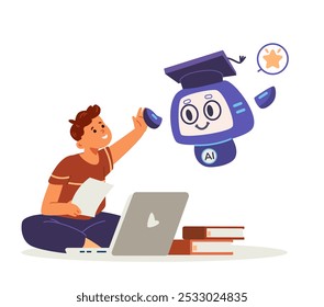 Artificial intelligence in school education concept flat vector illustration isolated on white. School boy giving high five to Ai robot. Kid interacting with Ai robot while studing.