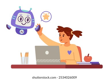 Artificial intelligence in school education concept flat vector illustration isolated on white. Girl giving high five to AI robot character while studying.