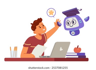 Inteligência artificial no conceito de educação escolar ilustração vetorial plana isolado no branco. Garoto da escola dando aula de cinco para o robô Ai. Criança interagindo com o robô Ai enquanto estuda.