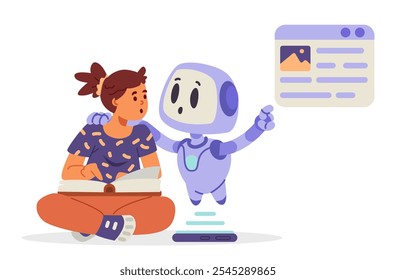 Inteligencia artificial en el concepto de educación escolar Ilustración vectorial plana aislada en blanco. Un robot al lado de una colegiala explicando información del libro. 