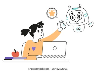 Inteligencia artificial en el concepto de educación escolar Ilustración vectorial lineal aislada en blanco. Chica que da cinco altos a AI carácter de robot mientras estudia.