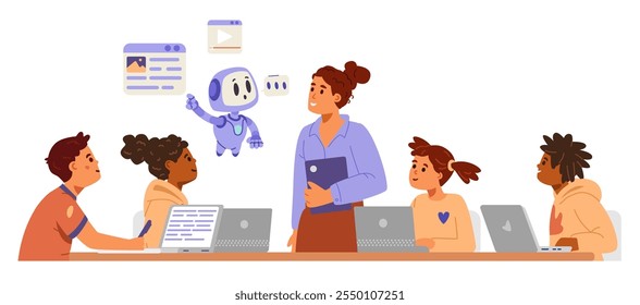 Inteligência artificial no conceito de educação escolar ilustração vetorial plana isolado no branco. Crianças de escolas multirraciais com laptops e professor ouvindo Ai bot explicando algumas informações.