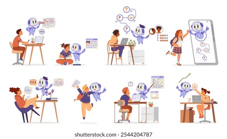 Inteligência artificial em educação escolar ilustrações vetoriais planas conjunto isolado em branco. Crianças de escolas, meninos e meninas usando a ajuda de Ai.