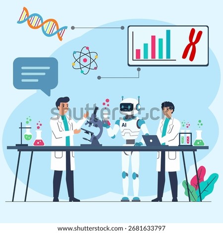 Artificial intelligence in science research: Human scientists collaborating with AI robots and laboratory equipment, flat design vector illustration.