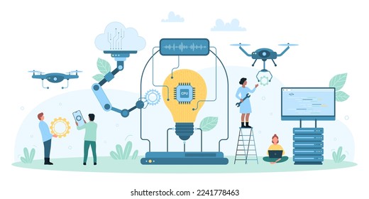 Inteligencia artificial, investigación científica ilustrativa vectorial. Las personas diminutas de las caricaturas controlan los brazos de los robots, los drones y el equipo de laboratorio para reparar y mejorar el circuito en la bombilla, la ingeniería científica