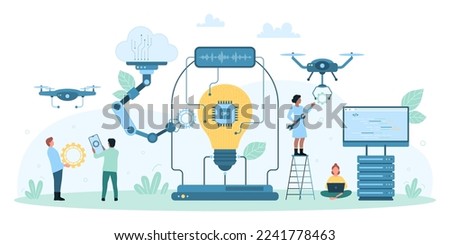 Artificial intelligence, science research vector illustration. Cartoon tiny people control robot arms, drones and lab equipment to fix and improve circuit in light bulb, scientific engineering
