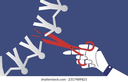 Artificial intelligence with scissors, conceptual image of people losing their jobs due to A.I., flat illustration