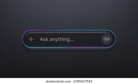 Artificial intelligence search bar with voice recognition icon on dark background. Digital assistant user interface design for web browser. Innovative technology and data inquiry concept.