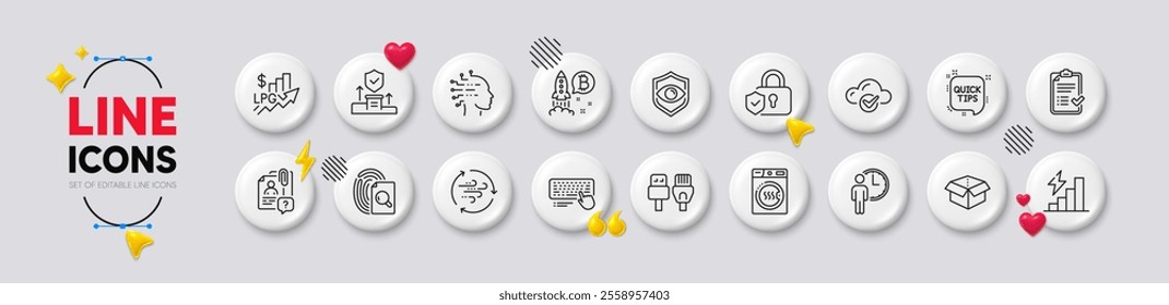 Artificial intelligence, Security lock and Security agency line icons. White buttons 3d icons. Pack of Waiting, Wind energy, Quick tips icon. Vector