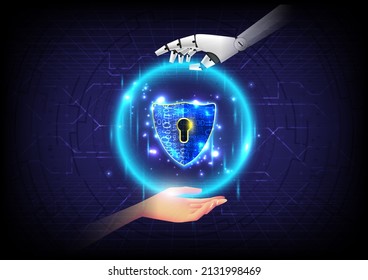 Artificial intelligence of security privacy safe. Hand of human and robot touch on glowing sphere of hexagon and shield. High computer of protection. Technology engineer of antivirus and criminal