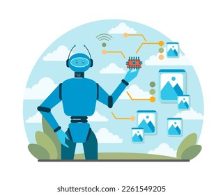 Artificial intelligence. Self-learning computing system. Deep machine learning modern technology. Future technology concept. Flat vector illustration