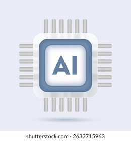 Artificial Intelligence Semiconductor, 3D AI Chip Icon, CPU for Big Data Technology Concept. Silver Electricity Clean Style. Futuristic Vector Illustration