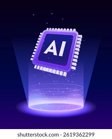 Artificial Intelligence Semiconductor, AI Digital Chip Circuit of Machine Learning Automation Tech Concept. Flying above Teleport Podium Stand. High Tech Cyber Futuristic Concepts Vector Illustration.