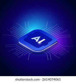 Artificial Intelligence Semiconductor Isometric Geometric, Ai Abstract Chip Innovation, Big Data Technology. Neon Abstract Electricity Glow Futuristic Vector Illustration