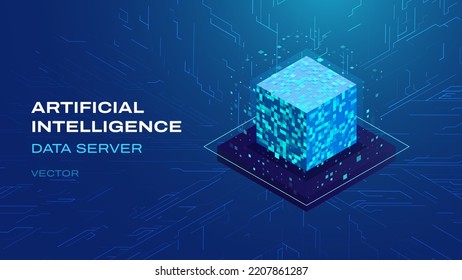 Artificial Intelligence Server 3D Cube Isometric Icon. Big Data Server Storage. Machine Learning Algorightms and Data. Technology and Computer Science Icon Design. Vector Illustration.