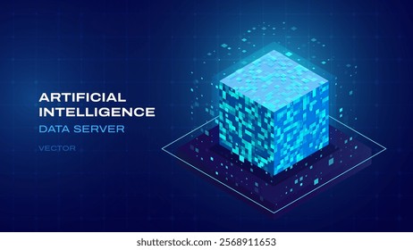 Artificial Intelligence Server 3D Cube Isometric Icon. Big Data Server Storage. Machine Learning Algorithms and Data. Technology and Computer Science Icon Design. Vector Illustration.