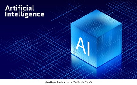 Artificial Intelligence server 3D cube isometric icon Big Data storage machine learning algorithms data technology computer science vector illustration digital processing