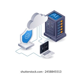 Seguridad informática del servidor de inteligencia artificial, ilustración 3D infográfica isométrica plana