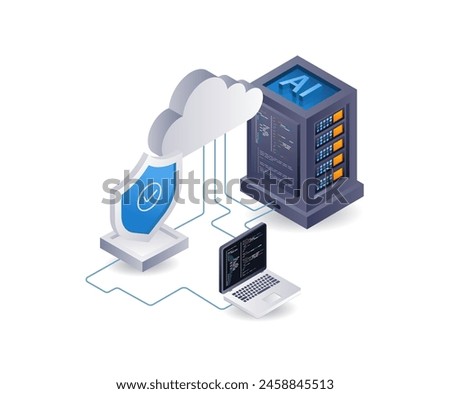 Artificial intelligence server computer security, infographic 3d illustration flat isometric