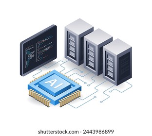 Artificial intelligence server computer technology concept, flat isometric 3d illustration