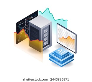 Artificial intelligence server data analysis, flat isometric 3d illustration