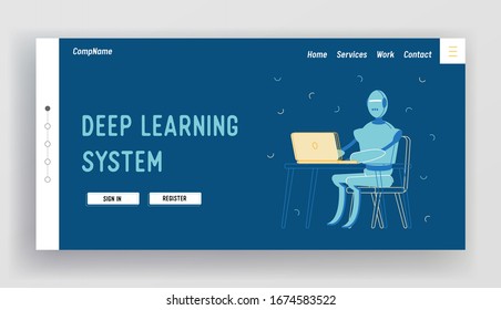 Artificial Intelligence Service in Human Life Landing Page Template. Robot Character Sitting at Desk with Computer Working in Office. Futuristic Technology, Automatization. Linear Vector Illustration