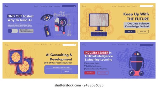 Artificial intelligence service at web banner set. Landing page collection for machine learning technology promo, vector illustration. Data science consulting and development design