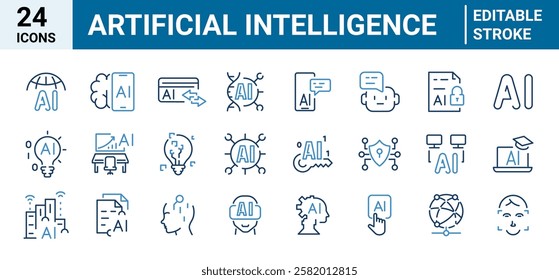 Artificial intelligence set of 24 web icons in line style. AI technology icons for web and mobile app. Machine learning, digital AI technology, algorithm, smart robotic and cloud computing network