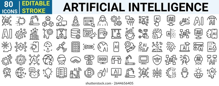 Artificial intelligence set of 80 web icons in line style. AI technology icons for web and mobile app. Machine learning, digital AI technology, algorithm, smart robotic and cloud computing network