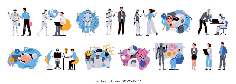 Artificial intelligence set with business teamwork and robot symbols flat isolated vector illustration