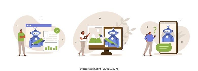 Conjunto de inteligencia artificial. Caracteres que utilizan la tecnología Ai para derechos de autor, creación de arte y respuestas a preguntas. Concepto de red neural y bot de chat. Ilustración vectorial.