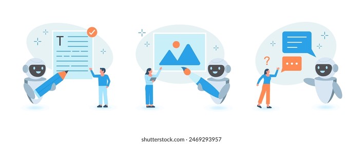 Artificial intelligence set. Characters using Ai technology for copyrighting, image creation and answering questions. AI Assistant, Neural network and chat bot concept. Vector illustration.