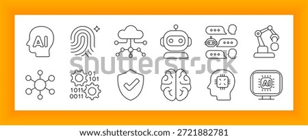 Artificial intelligence set icon. AI head, fingerprint, cloud, robot, chat, gears, shield, brain, chip, monitor, and nodes for computing, security, machine learning, and smart systems.