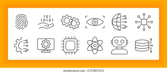 Ícone do conjunto de inteligência artificial. Impressão digital, código binário, engrenagens, varredura ocular, globo, nós, microchip, átomo, robô e ícones de banco de dados em contextos de tecnologia, automação e computação.