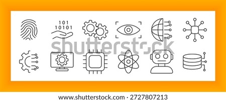 Artificial intelligence set icon. Fingerprint, binary code, gears, eye scan, globe, nodes, microchip, atom, robot, and database icons in technology, automation, and computing contexts.