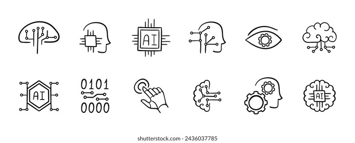 Artificial intelligence set icon. Neurons, implants, AI, human, implantable brain computer interfaces, code, communication. Modernization of human body, artificial intelligence. Vector line icon.