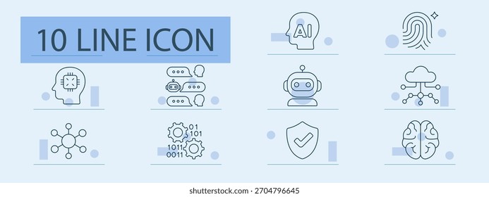 Icono de conjunto de inteligencia artificial. Robot, cerebro, chip, huella digital, nube, circuito, binario, protección, diálogo, aprendizaje automático, datos, futuro, automatización, neuronal, informática