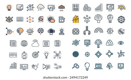 Artificial intelligence
Set icons in line style.With Concepts like Setting,cloud,Robotics,it, biometric,device,chip,robot, cloud,automation icon,iot,communication, programming.Outline icon set.
