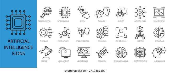 Iconos de conjunto de inteligencia artificial y contorno de estilo plano, fondo transparente