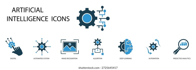 Satz von Symbolen für künstliche Intelligenz, Umriss und flacher Stil, transparenter Hintergrund