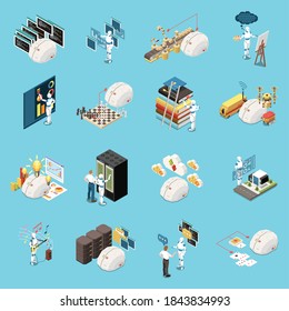 Artificial intelligence set of isometric icons and isolated compositions of pictograms electronic equipment images and robots vector illustration