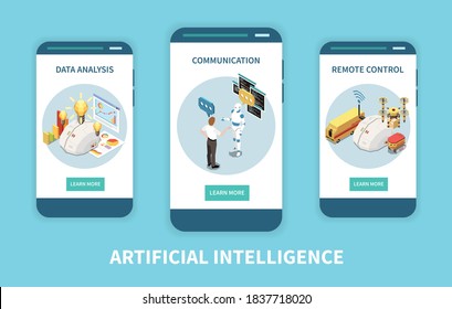 Artificial intelligence set of isometric vertical banners with data analysis and remote control images with buttons vector illustration