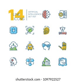 Artificial intelligence - set of line design style icons on white background. Brain, cyberhand, virtual reality glasses head, robot, automated robotic arm, fingerprint, eyetap augmentation, sensors