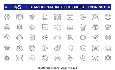 Artificial intelligence set of outline web icons. AI technology icons for web and mobile app. Machine learning, digital AI technology, algorithm, smart robotic, cloud computing, AI Assistant.
