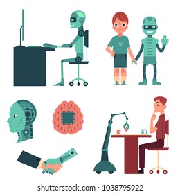 Artificial intelligence set - robot as companion, friend, android head, cyborg playing chess, working on computer, shaking hands with human, cartoon vector illustration isolated on white background