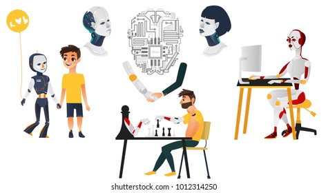 Artificial intelligence set, robot companions, androids, cyborgs, flat cartoon vector illustration isolated on white background. Set of robots, androids playing chess, using computer, making friends