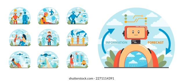 Artificial intelligence set. Self-learning computing system. Deep machine learning modern technology. Future technology concept. Flat vector illustration